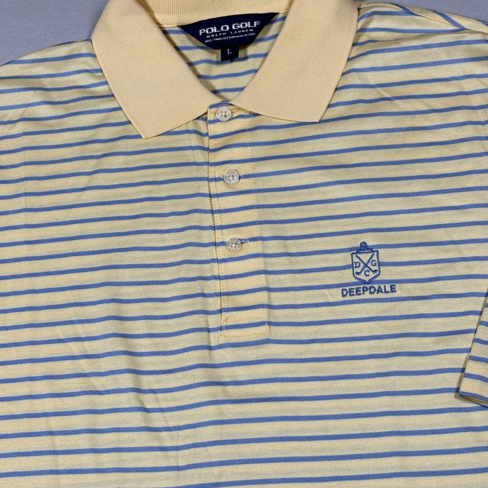 Polo Golf Ralph Lauren Polo Shirt Mens L Striped Yellow Blue Deepdale Golf Club